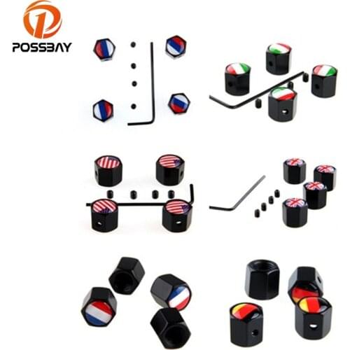 POSSBAY Anti-theft Black Car Wheel Tire Valves Air Caps Cover Russia UK US Italy France German Flag Motorcycle Wheel Tyre Covers