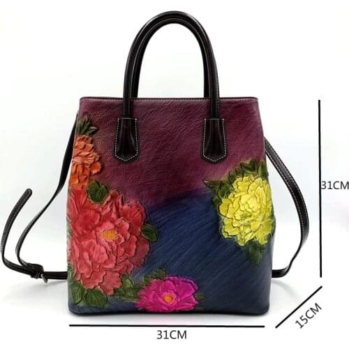 2021 New Handmade Embossed Leather Handbag Floral Tote Bag Female Retro Women Bag Vintage Bucket Shoulder Bags for Women