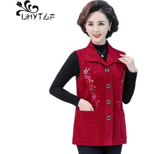 UHYTGF Middle-Aged Elderly Spring Autumn Vests For Women Fashion Embroidery Thin Corduroy Female Jacket Plus Size Waistcoat 1534