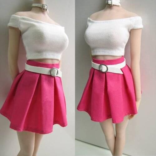 1/6 Scale Female White One shoulder T Shirt Rose Red Skirt Dress Clothes Set for 12-inch Figure Body Doll