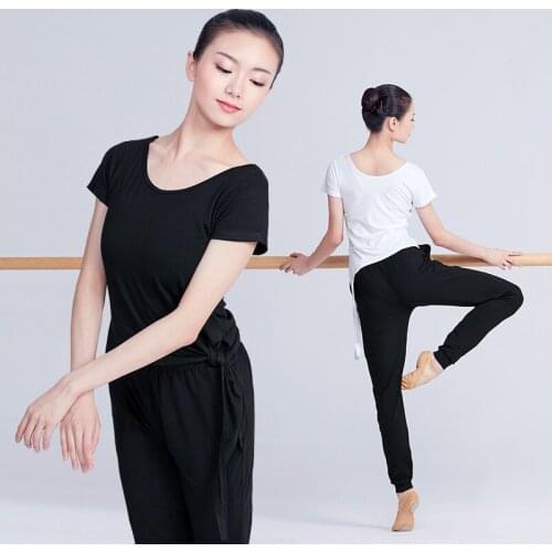 Women Dance Tops T-shirt Black White Practice Dance Wear Girls Ballet Fitness Gym Exercise Clothes Side Split Tops