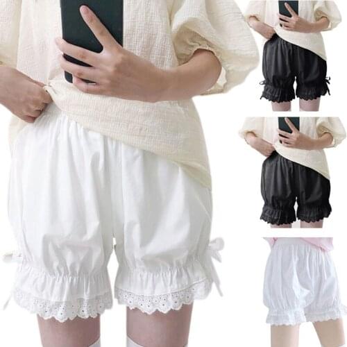 Women Girls Vintage Lolita Bloomers Loose Pumpkin Pants Ruffled Lace Hem Sweet Bow Gothic Elastic Waist Security Shorts