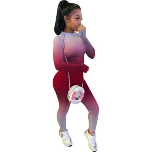 2 Piece Sets Womens Outfits O Collar Long Sleeve Crop Top Set Sportswear Jogger Pants Yoga Sets Women Gym Clothes Gradient Print