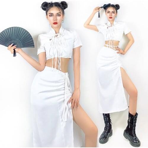 WomenS Group Chinese Style Jazz Dance Costume Split White Sexy Long Skirt Performance Dancer Outfit Pole Dance Clothing DN9501