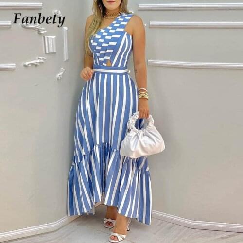 Women Elegant One Shoulder Stripe Maxi Dress 2021 Autumn Casual Hollow Out Party Dress Ladies Summer Sexy Pleated A-Line Dress