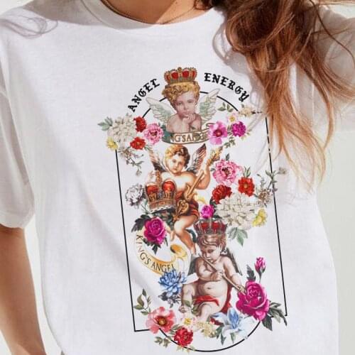 Angel Floral Print Vintage Cute Short Sleeve Women T-shirt Grunge Aesthetic Harajuku Streetwear Tee Shirt Tumblr Tops Clothes