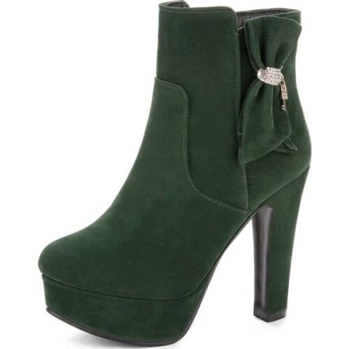 Big Size 11 12 13 Butterfly-knot Metal Decorative Shoe Boots for Waterproofing Platform with Round Head and Side Zipper