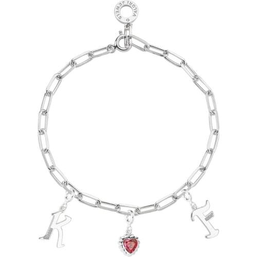 Valori Jewels Letter And Heart, Zirconia Gemstone, Rhodium Plated, Sterling Silver Charm Bracelet