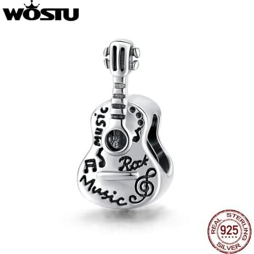 WOSTU 2020 925 Sterling Silver Simple Guitar Charms Musical instrument Beads fit Bracelet for Silver 925 Jewelry Making BKC1708