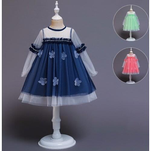 Korean Tulle petals Baby girls party dress kids Elegant Birthday Dresses for Girls long sleeve Bead Baby Girl Christmas Clothes