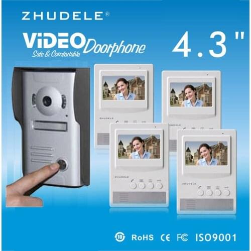 ZHUDELE Intercom System Doorbell 4.3 Inch Video Door Phone 700TLV HD Camera w/t Waterproof Cover in stock 1camera+4monitors