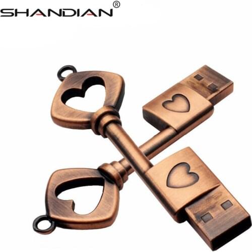 SHANDIAN metal copper love heart key usb flash drive pendrive 4GB 8GB 16GB 32GB 64GB memory stick U disk mini wedding gift