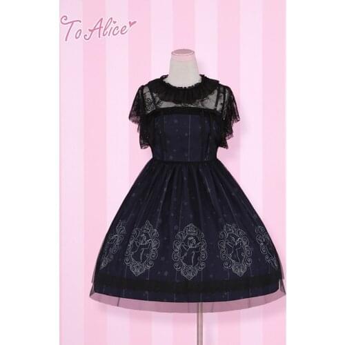 Gothic Lolita Night Sky Stars Constellation Cupid Angel 2PCS SET JSK Navy Blue Dress with Black Veil Tunic Dress