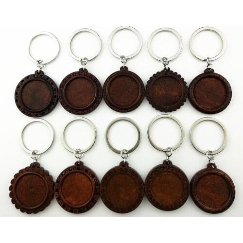 Jiangzimei 24pcs Dark brown Wood cabochon settings dia 25mm round blank wooden base with Metal ring for DIY Key Chains making