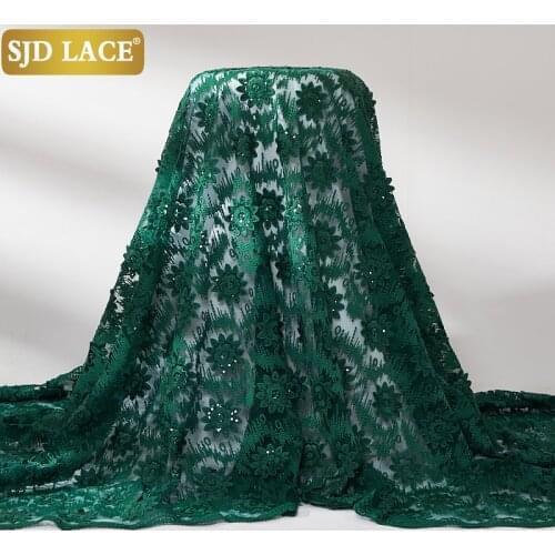 SJD LACE 5Yards Bridal Materials Green French Lace Fabric Sequins 3D Applique African Net Lace Fabric For Wedding Tissue A2530