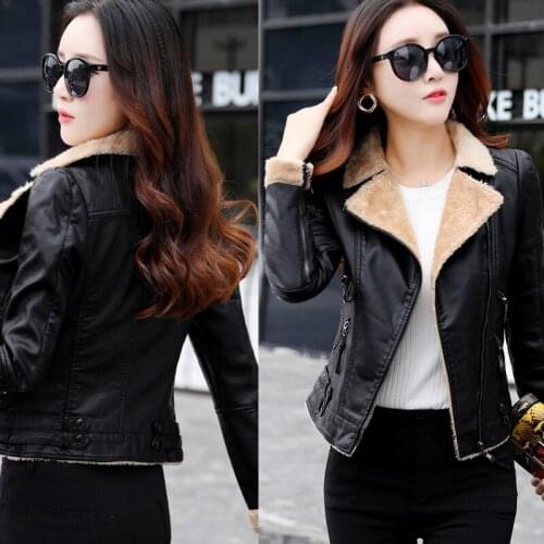 THEME 21 Pu Leather Jacket Women Fashion Outerwear Zipper Coral Fleece Collar Motorcycle Coat Short Faux Leather Biker Jacket