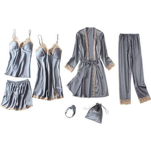 Summer Satin Pajamas Lady Nightgown Sleepwear 7PCS Sets Women Headband Casual Comfortable Daily Burgundy Pink Nightshirt