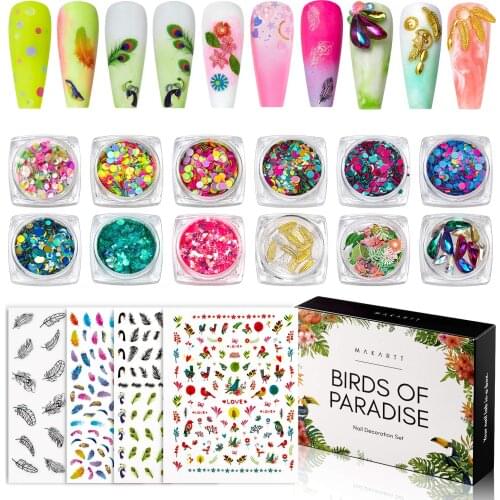 Makartt Nail Decoration Set, Birds of Paradise Collection 12 Boxes Nail Sequins Nail Glitters Nail Rhinestones with 4 Sheets