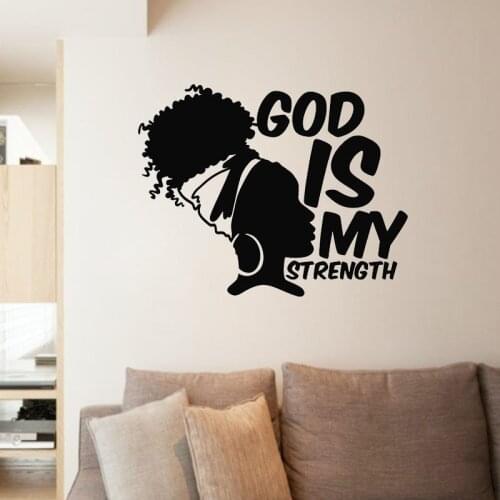 African Girl Wall Decal God Is My Strength Quotes Wall Sticker Africa Woman Bedroom Living Room Home Decor Vinyl Art Murals