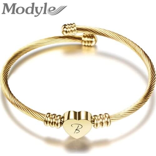 Modyle New Fashion Punk Alphabet Heart Cuff Opening Bracelets Gold Color Stainless Steel Letter Bracelets Bangles for Women