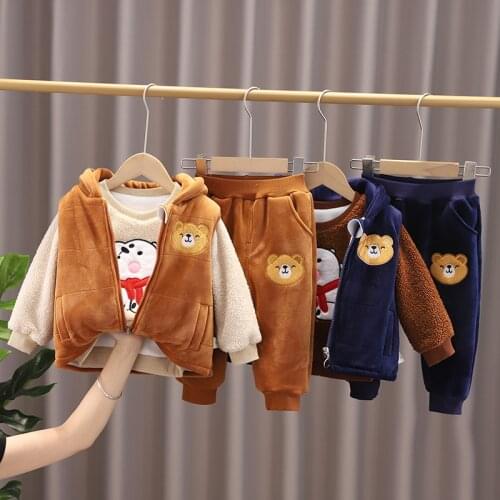 New Winter Children Casual Baby Boys/Girls Cartoon Bear Thicken Velvet Warm Jacket Pants 3Pcs/Sets Kids Infant Tracksuit Outfits
