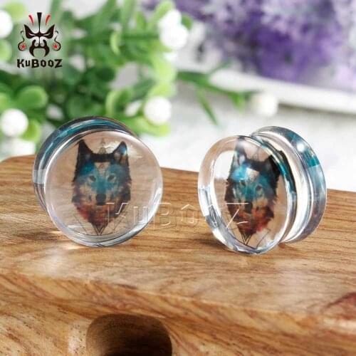 Kubooz Simple Style Transparent Acrylic Ear Expanders Wolf Head Logo Jewllery Body Fashion Gift Hot Sell 2pcs