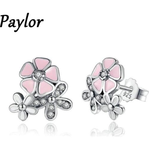 Paylor Exquisite Silver Color Earrings for Women Pink Enamel Daisy Cherry Blossom Stud Earring Fashion Jewelry Gift Dropshipping