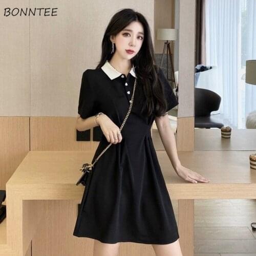 Dress Women Black A-line Mini Trendy Retro Simple Buttons Sweet College Female Turn-down Collar Preppy Style Leisure Abdomen Ins