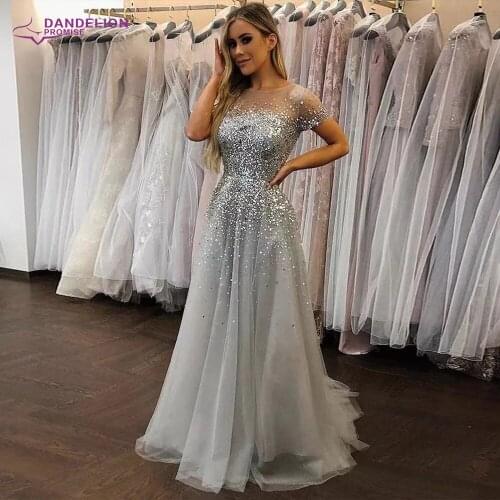 Luxury Dubai A-Line Evening Dress for Women 2021Short Sleeves Zipper Back Tulle Crystals Beaded Formal Party Gowns