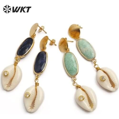 WT-E564 Natural Cowrie Shell Earring With Natural Stone Stud Earring CZ Pave Brass Wire Wrap Earring Fashion Earring