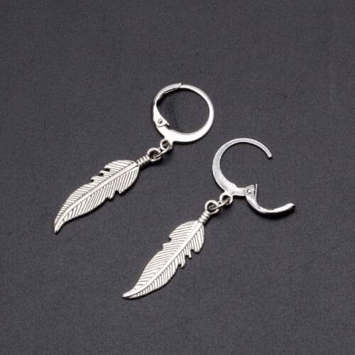 Vintage Leaf Titanium Steel Feather Pendant Hoop Earrings Korean Jewelry Unisex