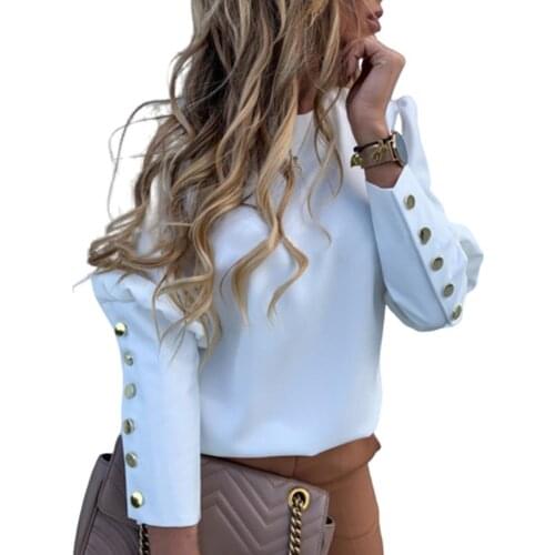 Casual Metal Buttons Puff Sleeve Blouse Shirt Women Autumn Plus Size Elegant O-Neck Long Sleeve Slim Letter Pineapple Print Tops