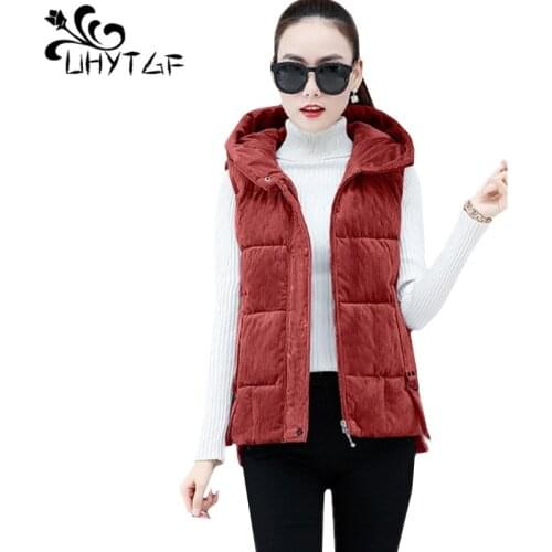 UHYTGF Women sleeveless jacket corduroy down jacket warm winter vest waistcoat female Hooded short Plus Size vests for women1125