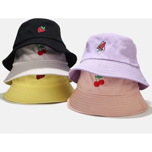 Spring Fashion Embroidery Fruit Bucket Hat Women Summer Sun Foldable Outdoor Casual Fisherman Unisex Basic Caps PJ200