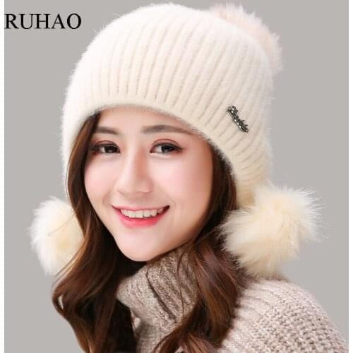 RUHAO Women Winter Fashion Beanies Sweet Cute Hedging Cap Rabbit Plush Hats Velvet Wool Hat Youth Hair Ball Caps Warm Knit Hat