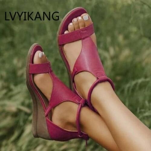 Women Mid Heels Sandals Open Toe Wedges Shoes 2020 New Woman Vintage Leather Shoe Plus Size Gladiator Sandalias Mujer