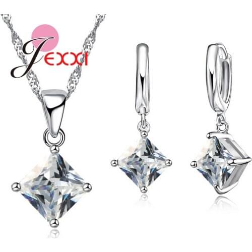New Arrival Women Accessories Pendant Necklace Earrings Jewelry Set Gril Square Shinny CZ Pendant 925 Sterling Silver