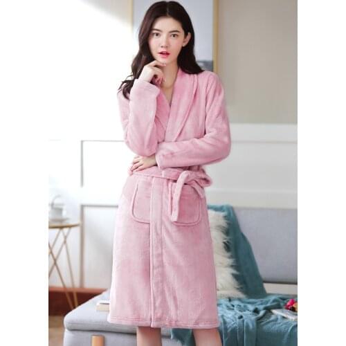 Female Winter Warm Flannel Bathrobe Women Knee-Length Bath Robe Soft Thicken Sample Pink Robes Female Sleepwear Homewear Pajamas