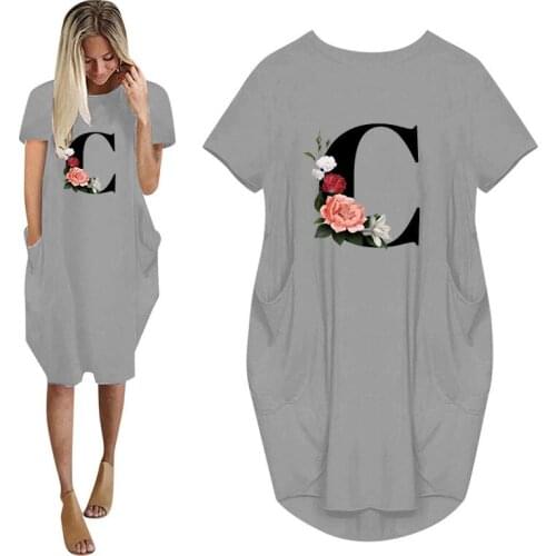 Initials C Letter Printed Women Summer Casual Loose Dress With Pocket Ladies Fashion O Neck Long Tops Female T Shirt Dress