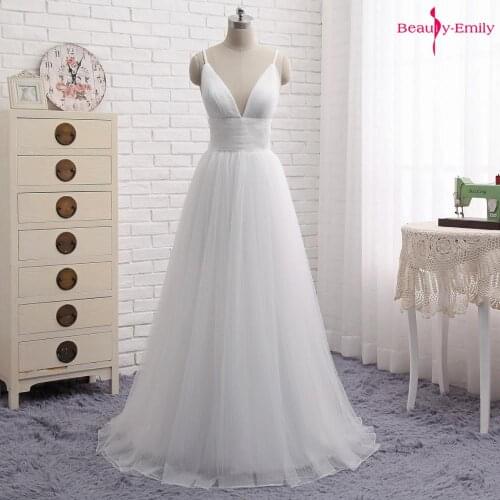 Beauty-Emily Sexy V Neck Sling Evening Dress Long 2019 Tulle White Formal Dress Strapless Open Back Prom Gowns vestido de festa