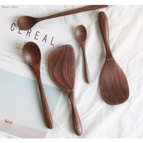 50pcs/lot Black Walnut Coffee Stir Spoons Wooden Rice Scoop Long Large Soup Spoon Kitchen Tableware Japanese Style Wholesale