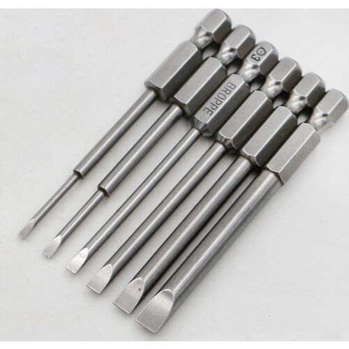 6 Pcs/set 1/4" 75mm 2-6mm Slotted Screwdriver Bit S2 Magnetic Electric Drill Flathead Screw-driver Head Power Driver Tool