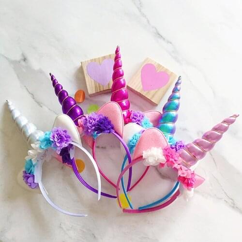 Shiny Unicorn Horn Headband Hair Band with Flower Ears for Girls Birthday Cosplay Party Accessory