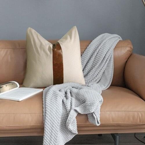 Striped with Faux Leather Accent Decorative Throw Pillow Covers for Modern Couch Sofa Stripe Stitched Select Collection