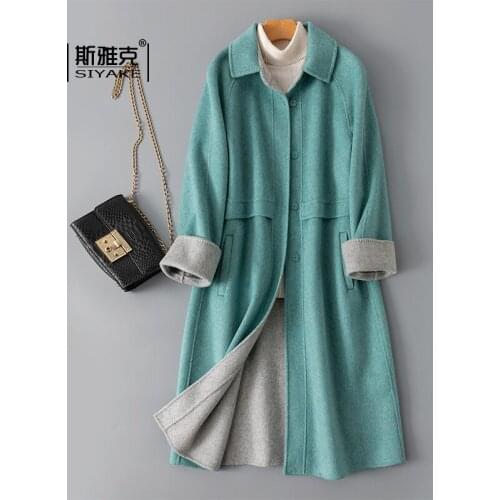 Yellow Color Matching Double-sided Cashmere Overcoat Womens Mid Long Autumn Winter 2021 Korean High-end Slim Fitting Woolen