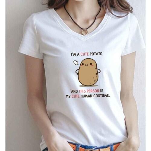 V Neck T Shirts for Women Short Sleeve Top Cute Potato Print Cotton T Shirt Female Cartoon Tee Graphic Tees Women Soft Girl