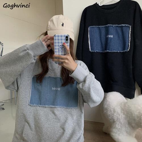 No Hat Hoodies Women Patchwork Letter Print Fur-lined Ripped Vintage Harajuku Loose Streetwear Ins Daily Casual Outwear Hoodie