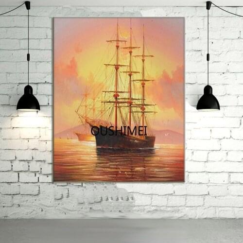 Handmade Seascape Modern Picture on Canvas Wall Art Scenery Warship Painting For Living Room Decor Sunrise Oil Painting