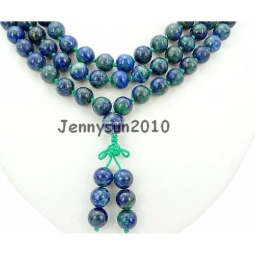 Natural Lapis Chrysocolla 10mm Gems Stone Buddhist 108 Beads Prayer Mala Knot Necklace Multi-Purpose 5Strands/Pack