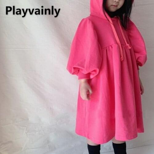 2021 New Autumn Kids Girls Dresses Rose Red Grey Loose Casual Long Sleeve Hooded Hoodies Dresses Children Clothing 1-6Y E1242
